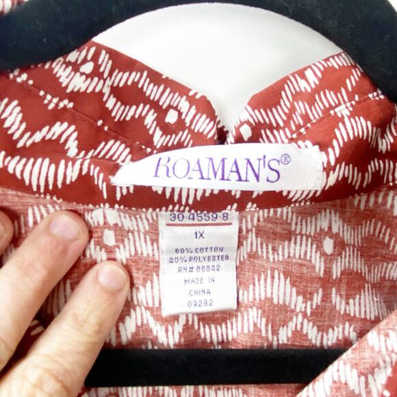 Roaman's 2X Plus Womens Red White Geometric Southwestern Button Front Shirt - Picture 4 of 7